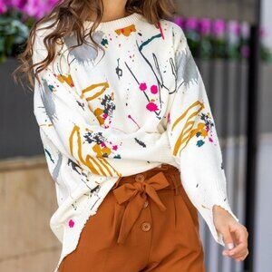 {Zara} Knit Crew Neck Sweater | Abstract Paint Splattered + Distressed ~ Small